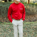 BOYS LONG SLEEVE PERFORMANCE TEE - SPANIEL DOG ON RED