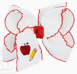 4.5" APPLE WITH PENCIL EMBROIDERED GROSGRAIN BOW WITH KNOT