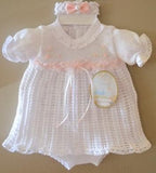 WHITE AND PINK KNIT GIRLS DRESS 3 PIECE SET WITH HEADBAND AND BLOOMERS