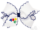 MEDIUM GROSGRAIN HAIR BOW WITH BLUE MOONSTITCH EDGE AND ABC EMBROIDERY