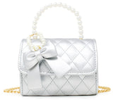 QUILTED PEARL HANDLE BOW RIBBON HANDBAG