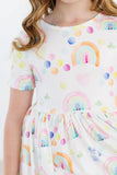 WATERCOLOR RAINBOWS SHORT SLEEVE POCKET TWIRL DRESS