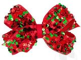 MEDIUM RED AND GREEN VELVET SEQUIN AND GROSGRAIN OVERLAY HAIR BOW