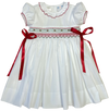 WHITE CHRISTMAS SMOCKED WAIST DRESS WITH RED RIBBON