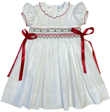 WHITE CHRISTMAS SMOCKED WAIST DRESS WITH RED RIBBON