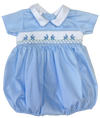 BOYS BUNNY SMOCKED BUBBLE WITH COLLAR - BLUE