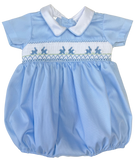 BOYS BUNNY SMOCKED BUBBLE WITH COLLAR - BLUE