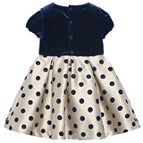 GIRLS MIKADO DRESS WITH FLOCKED POLKA DOTS - NAVY AND KHAKI