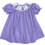 LULU BEBE HALLOWEEN CAT LAVENDER GINGHAM SMOCKED BISHOP DRESS