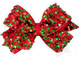 KING RED AND GREEN VELVET SEQUIN AND GROSGRAIN OVERLAY HAIR BOW