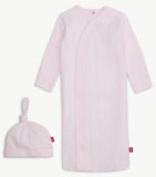 LOVE LINES PINK ORGANIC COTTON POINTELLE MAGNETIC COZY SLEEPER GOWN AND HAT SET