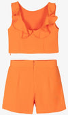 GIRLS ORANGE CREPE RUFFLE SHORTS SET