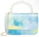 BLUE TIE DYE CROCODILE PEARL HANDLE HANDBAG