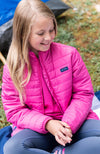 GIRLS PUFFER JACKET IN RASPBERRY ROSE PINK WITH BIGEYE TUNA PRINT LINER