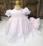 BABY GIRL STUNNING SMOCKED PINK DRESS AND BONNET