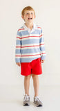 ROLLINS RUGBY SHIRT BARRINGTON BLUE , RICHMOND RED , AND PALMETTO PEARL STRIPE WITH MULTICOLOR STORK