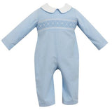 BOYS LIGHT BLUE CORDUROY ROMPER - SMOCKED IN WHITE