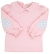 EMMA'S ELBOW PATCH TOP AND ONESIE PALM BEACH PINK WITH WORTH AVENUE WHITE PICOT AND BEALE STREET BLUE GINGHAM ELBOW PATCHES