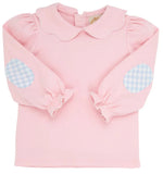 EMMA'S ELBOW PATCH TOP AND ONESIE PALM BEACH PINK WITH WORTH AVENUE WHITE PICOT AND BEALE STREET BLUE GINGHAM ELBOW PATCHES