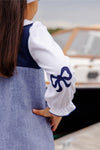 EMMA'S ELBOW PATCH TOP - WORTH AVENUE WHITE WITH NANTUCKET NAVY BOWS