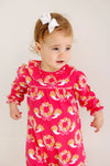 LONG SLEEVE RAMONA RUFFLE ROMPER - BOWS AND BERRIES WITH HAMPTONS HOT PINK