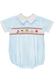 SMOCKED BOY BUBBLE TRAIN ROMPER