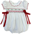 WHITE CHRISTMAS SMOCKED WAIST BUBBLE WITH  RED RIBBON