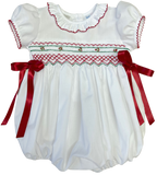 WHITE CHRISTMAS SMOCKED WAIST BUBBLE WITH  RED RIBBON