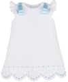 GIRLS TIMELESS TREASURES A-LINE DRESS - WHITE PIQUE WITH BLUE EMBROIDERY AND BOWS