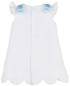 GIRLS TIMELESS TREASURES A-LINE DRESS - WHITE PIQUE WITH BLUE EMBROIDERY AND BOWS