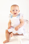 GIRLS TIMELESS TREASURES A-LINE DRESS - WHITE PIQUE WITH BLUE EMBROIDERY AND BOWS