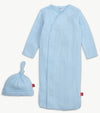 LOVE LINES BLUE ORGANIC COTTON POINTELLE MAGNETIC COZY SLEEPER GOWN AND HAT SET