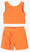 GIRLS ORANGE CREPE RUFFLE SHORTS SET