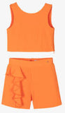 GIRLS ORANGE CREPE RUFFLE SHORTS SET