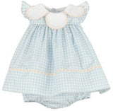 CLASSIC PETAL COLLAR FLOAT DRESS - PEACH BOW ON BACK - BLUE GINGHAM