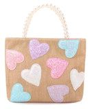 GLITTER HEARTS STRAW PEARLHANDLE MINI TOTE BAG