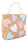 GLITTER HEARTS STRAW PEARLHANDLE MINI TOTE BAG