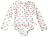 GIRLS RASH GUARD SWIMSUIT - PINK AND GREEN FISH PRINT